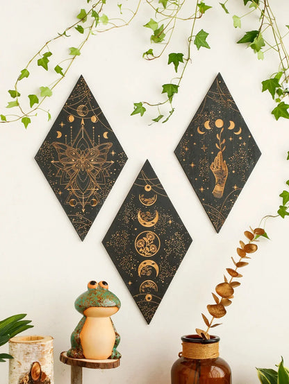 Vivolux | Schwarze Mondphasen Holz Wanddekoration Rhombus Wandkunst Boho Wohnkultur Hexe Wandbehang Dekoration Raumdekor Ästhetisches Geschenk