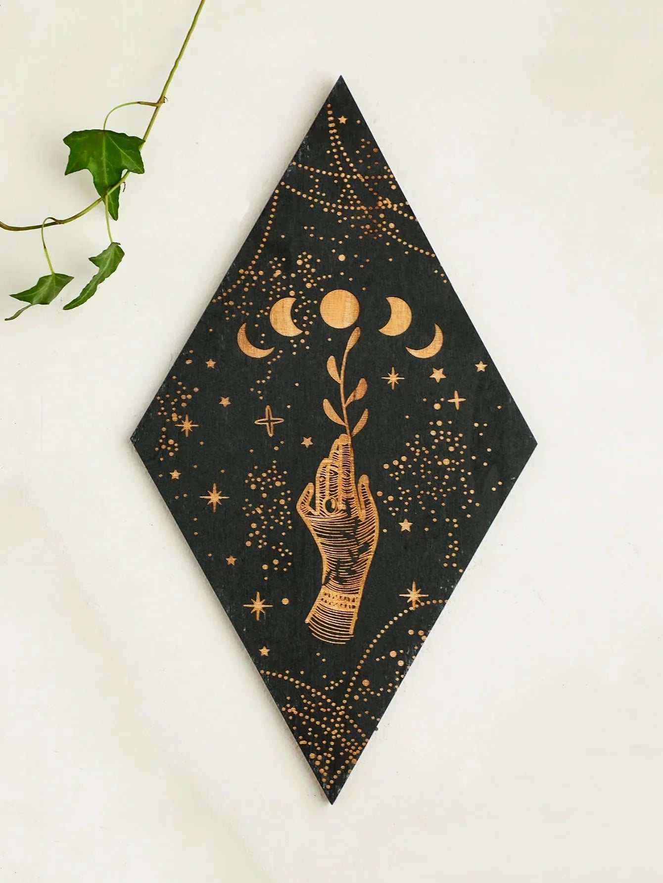 Vivolux | Schwarze Mondphasen Holz Wanddekoration Rhombus Wandkunst Boho Wohnkultur Hexe Wandbehang Dekoration Raumdekor Ästhetisches Geschenk