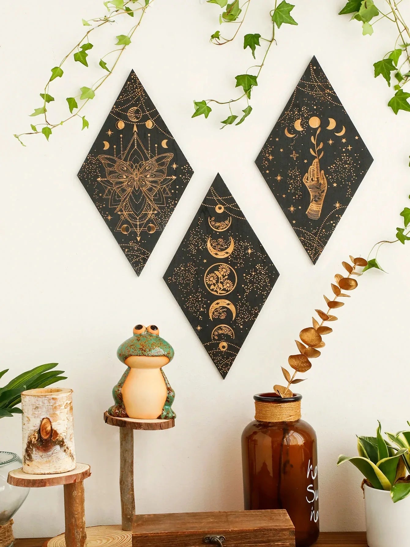 Vivolux | Schwarze Mondphasen Holz Wanddekoration Rhombus Wandkunst Boho Wohnkultur Hexe Wandbehang Dekoration Raumdekor Ästhetisches Geschenk