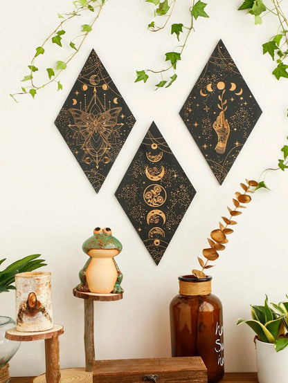 Vivolux | Schwarze Mondphasen Holz Wanddekoration Rhombus Wandkunst Boho Wohnkultur Hexe Wandbehang Dekoration Raumdekor Ästhetisches Geschenk