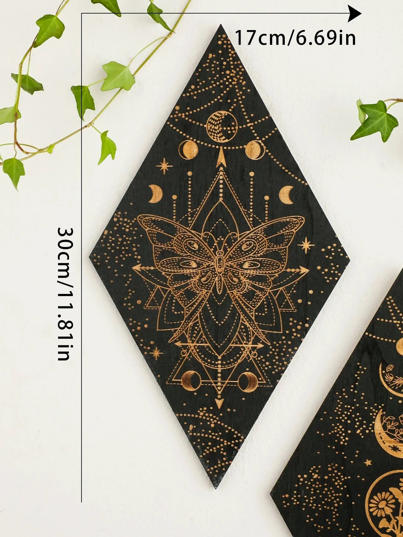 Vivolux | Schwarze Mondphasen Holz Wanddekoration Rhombus Wandkunst Boho Wohnkultur Hexe Wandbehang Dekoration Raumdekor Ästhetisches Geschenk