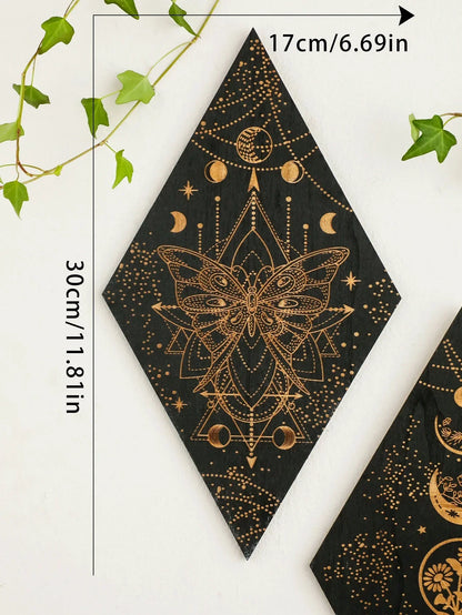 Vivolux | Schwarze Mondphasen Holz Wanddekoration Rhombus Wandkunst Boho Wohnkultur Hexe Wandbehang Dekoration Raumdekor Ästhetisches Geschenk