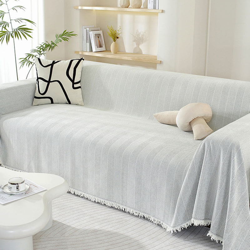 Vivolux | Chenille Decke Fischgrat Quaste Couchbezug