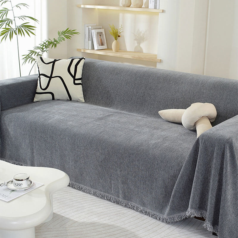 Vivolux | Chenille Decke Fischgrat Quaste Couchbezug