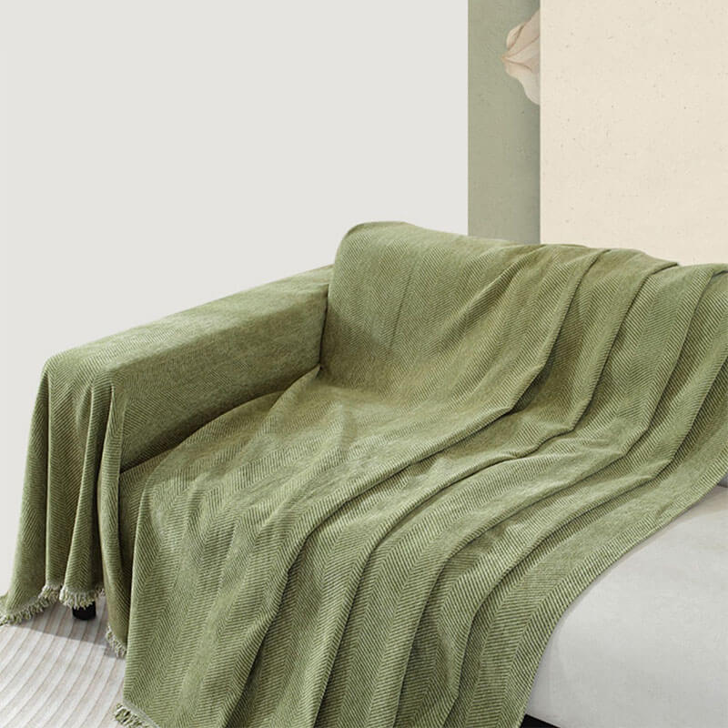 Vivolux | Chenille Decke Fischgrat Quaste Couchbezug