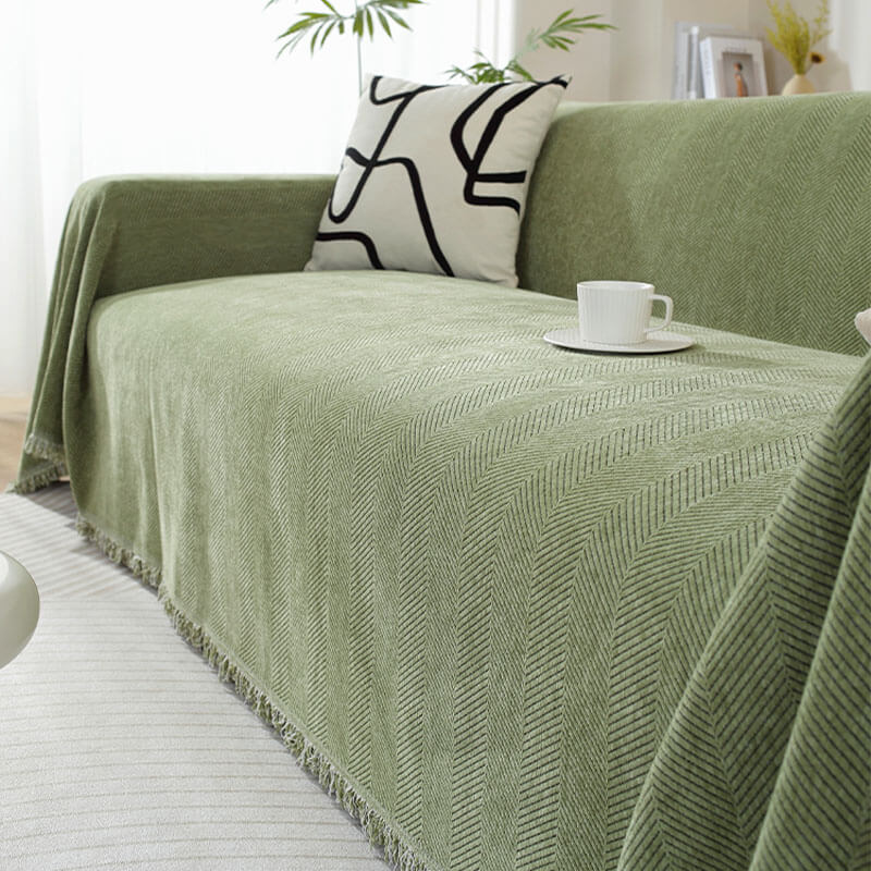Vivolux | Chenille Decke Fischgrat Quaste Couchbezug