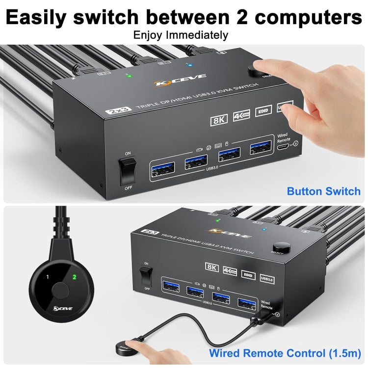 Vivolux | KC-KVM203DH 8K 30Hz USB3.0 DP+DP+HDMI Triple Monitors KVM Switch, EU Stecker