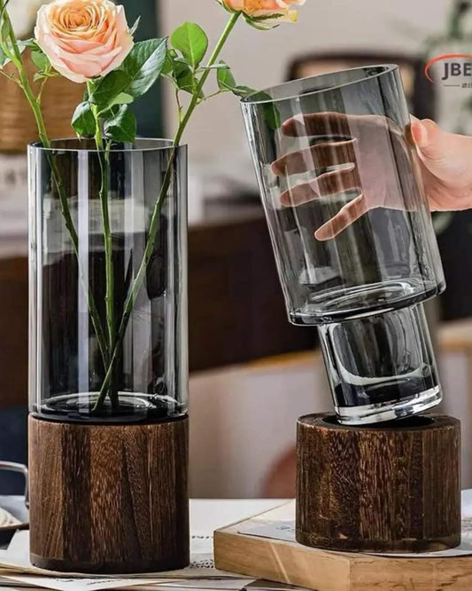 Vivolux | Glasblumenvase mit Holzsockel