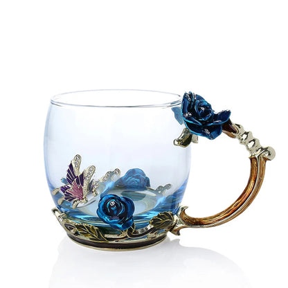 Vivolux | Handgefertigte Emaille Kaffeetassen Rosen-Glas Teetasse mit Stahllöffel Luxus Einzigartige Geschenke für Hochzeit Valentinstag Geburtstagsgeschenke