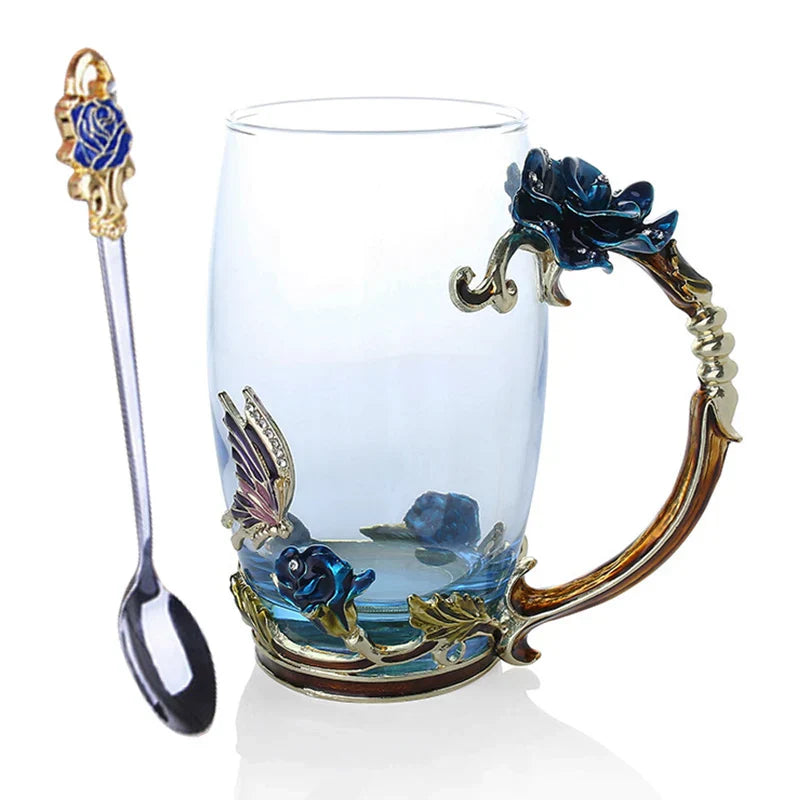 Vivolux | Handgefertigte Emaille Kaffeetassen Rosen-Glas Teetasse mit Stahllöffel Luxus Einzigartige Geschenke für Hochzeit Valentinstag Geburtstagsgeschenke