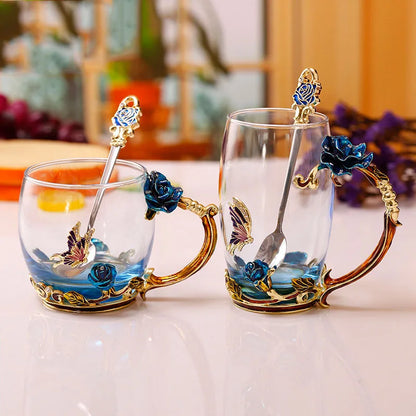Vivolux | Handgefertigte Emaille Kaffeetassen Rosen-Glas Teetasse mit Stahllöffel Luxus Einzigartige Geschenke für Hochzeit Valentinstag Geburtstagsgeschenke