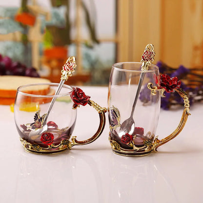 Vivolux | Handgefertigte Emaille Kaffeetassen Rosen-Glas Teetasse mit Stahllöffel Luxus Einzigartige Geschenke für Hochzeit Valentinstag Geburtstagsgeschenke