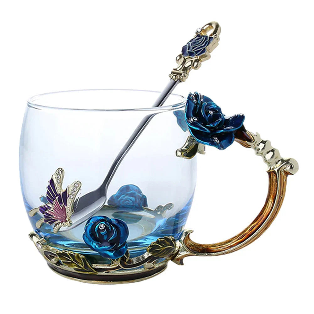 Vivolux | Handgefertigte Emaille Kaffeetassen Rosen-Glas Teetasse mit Stahllöffel Luxus Einzigartige Geschenke für Hochzeit Valentinstag Geburtstagsgeschenke