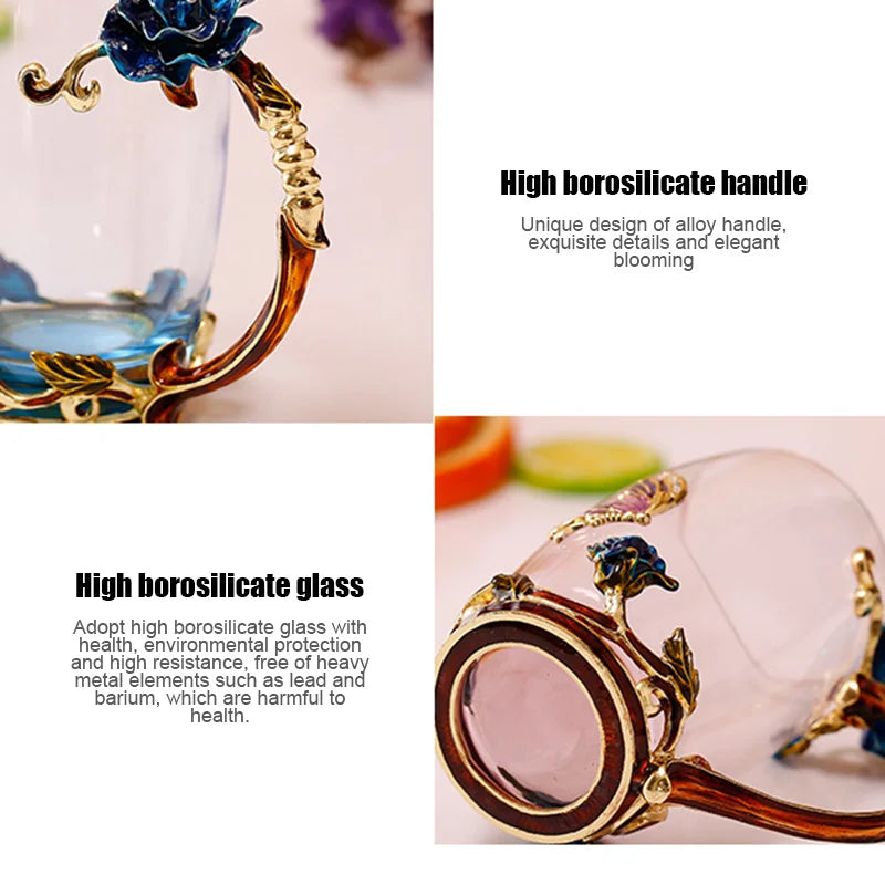 Vivolux | Handgefertigte Emaille Kaffeetassen Rosen-Glas Teetasse mit Stahllöffel Luxus Einzigartige Geschenke für Hochzeit Valentinstag Geburtstagsgeschenke