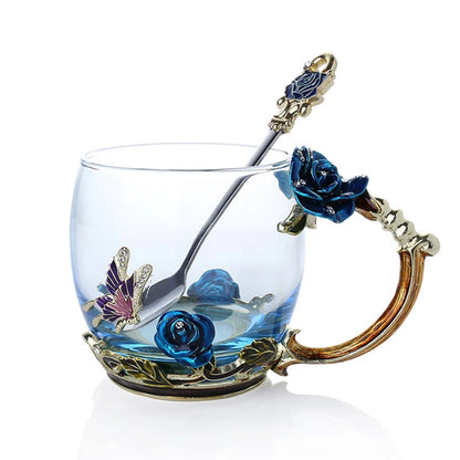 Vivolux | Handgefertigte Emaille Kaffeetassen Rosen-Glas Teetasse mit Stahllöffel Luxus Einzigartige Geschenke für Hochzeit Valentinstag Geburtstagsgeschenke
