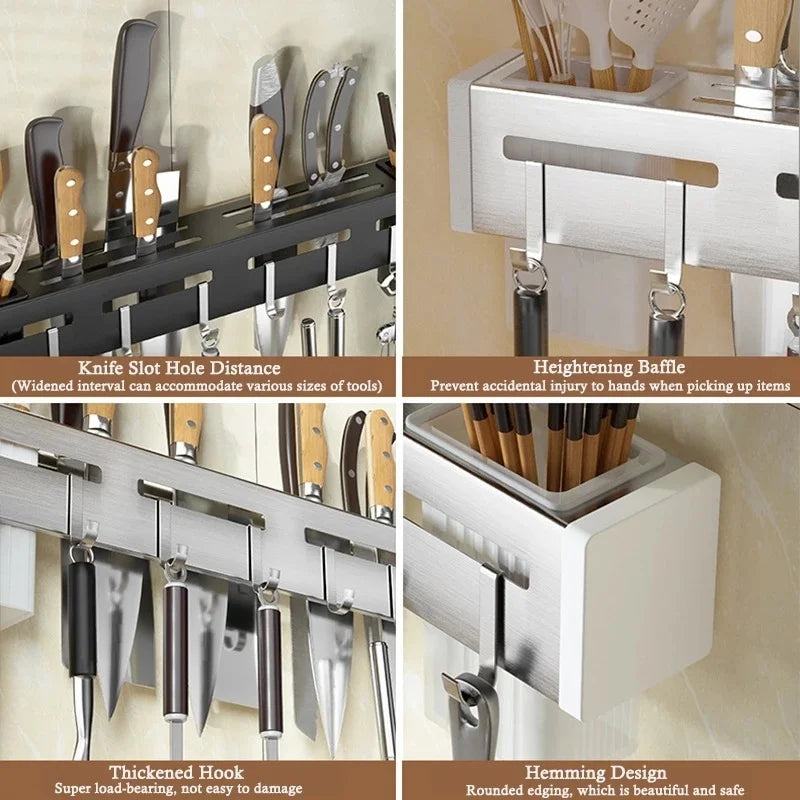 Vivolux | Organisieren Sie Ihre Küche: Edelstahl-Wandmontierter Messerhalter-Regal - Nagelfreies Aufbewahrungsregal mit Haken für Besteck - Schrankorganisator für eine aufgeräumte Küche