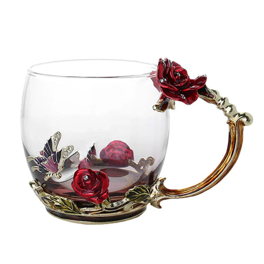 Vivolux | Handgefertigte Emaille Kaffeetassen Rosen-Glas Teetasse mit Stahllöffel Luxus Einzigartige Geschenke für Hochzeit Valentinstag Geburtstagsgeschenke