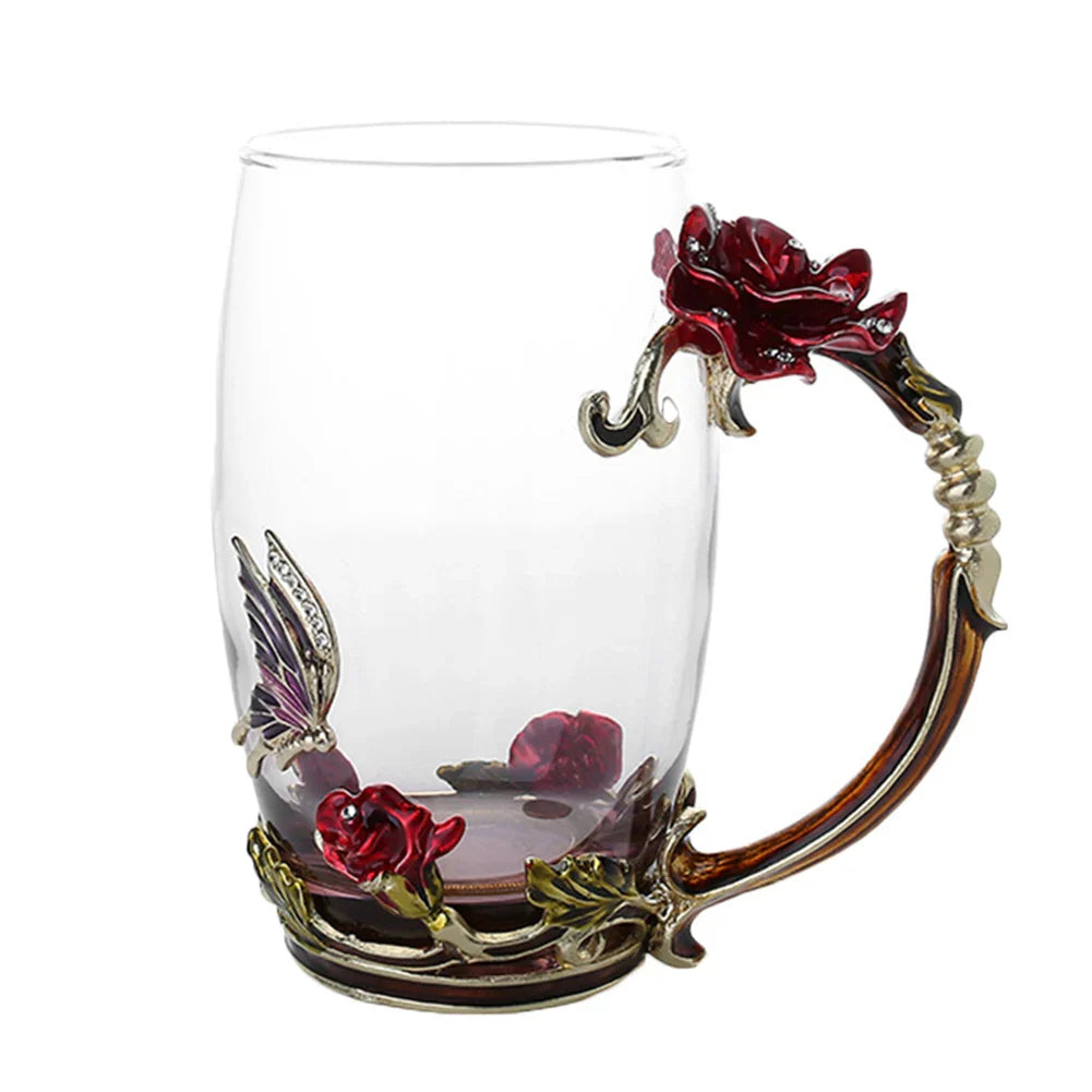 Vivolux | Handgefertigte Emaille Kaffeetassen Rosen-Glas Teetasse mit Stahllöffel Luxus Einzigartige Geschenke für Hochzeit Valentinstag Geburtstagsgeschenke