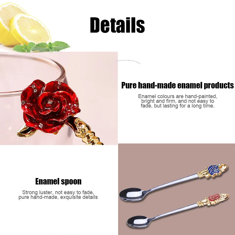 Vivolux | Handgefertigte Emaille Kaffeetassen Rosen-Glas Teetasse mit Stahllöffel Luxus Einzigartige Geschenke für Hochzeit Valentinstag Geburtstagsgeschenke
