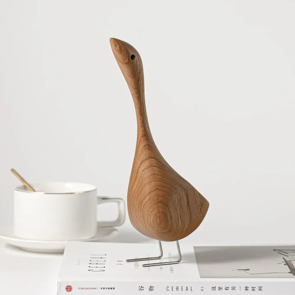 Vivolux | Nordische Holz-Gans Figuren Abstrakte Teakholz Skulptur Liebespaar Figuren Natur Tier Ornamente für Hausdekoration