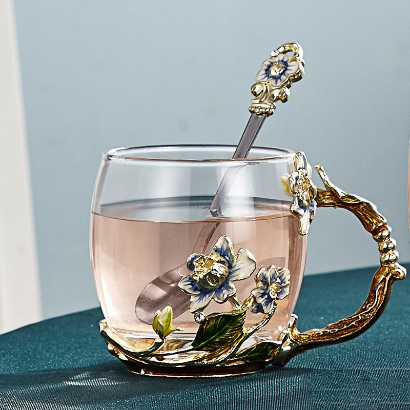 Vivolux | Handgefertigte Emaille-Blumen-Glasmugge für Paare Liebesgeschenk kann Kaffee, aromatisierten Tee oder sogar Zitronensaft servieren in
