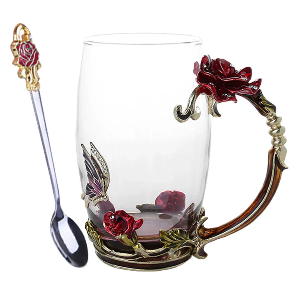 Vivolux | Handgefertigte Emaille Kaffeetassen Rosen-Glas Teetasse mit Stahllöffel Luxus Einzigartige Geschenke für Hochzeit Valentinstag Geburtstagsgeschenke