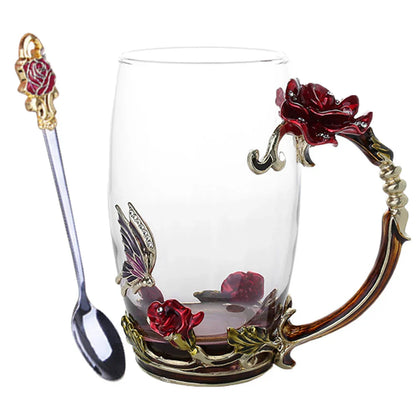 Vivolux | Handgefertigte Emaille Kaffeetassen Rosen-Glas Teetasse mit Stahllöffel Luxus Einzigartige Geschenke für Hochzeit Valentinstag Geburtstagsgeschenke