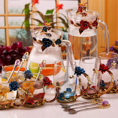 Vivolux | Handgefertigte Emaille Kaffeetassen Rosen-Glas Teetasse mit Stahllöffel Luxus Einzigartige Geschenke für Hochzeit Valentinstag Geburtstagsgeschenke