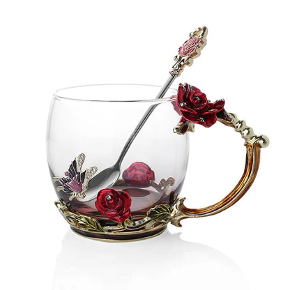Vivolux | Handgefertigte Emaille Kaffeetassen Rosen-Glas Teetasse mit Stahllöffel Luxus Einzigartige Geschenke für Hochzeit Valentinstag Geburtstagsgeschenke