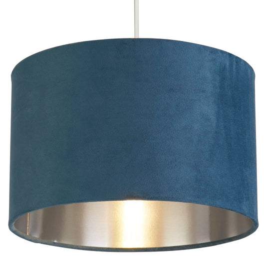 Vivolux | Teal Blue Velvet Vintage Easy Fit Drum Shade mit Silber Innenseite 28cm