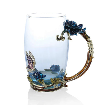 Vivolux | Handgefertigte Emaille Kaffeetassen Rosen-Glas Teetasse mit Stahllöffel Luxus Einzigartige Geschenke für Hochzeit Valentinstag Geburtstagsgeschenke