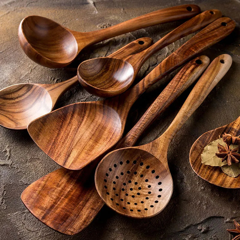 Vivolux | NordTeak 7-teilige Küchenhelfer-Set – Premium Teakholz-Werkzeuge für stilvolles und vielseitiges Kochen