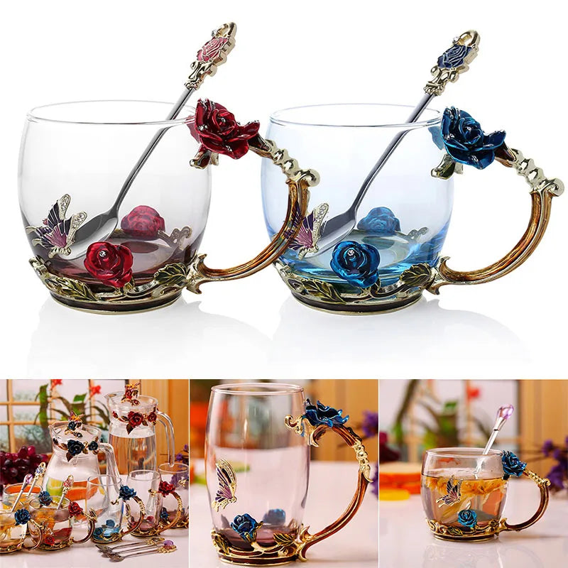 Vivolux | Handgefertigte Emaille Kaffeetassen Rosen-Glas Teetasse mit Stahllöffel Luxus Einzigartige Geschenke für Hochzeit Valentinstag Geburtstagsgeschenke