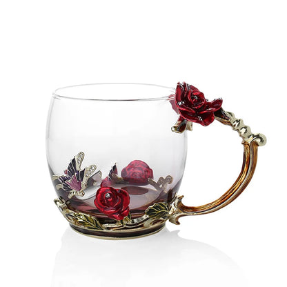 Vivolux | Handgefertigte Emaille Kaffeetassen Rosen-Glas Teetasse mit Stahllöffel Luxus Einzigartige Geschenke für Hochzeit Valentinstag Geburtstagsgeschenke