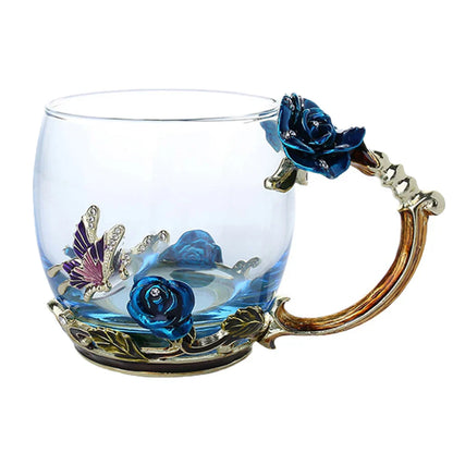 Vivolux | Handgefertigte Emaille Kaffeetassen Rosen-Glas Teetasse mit Stahllöffel Luxus Einzigartige Geschenke für Hochzeit Valentinstag Geburtstagsgeschenke