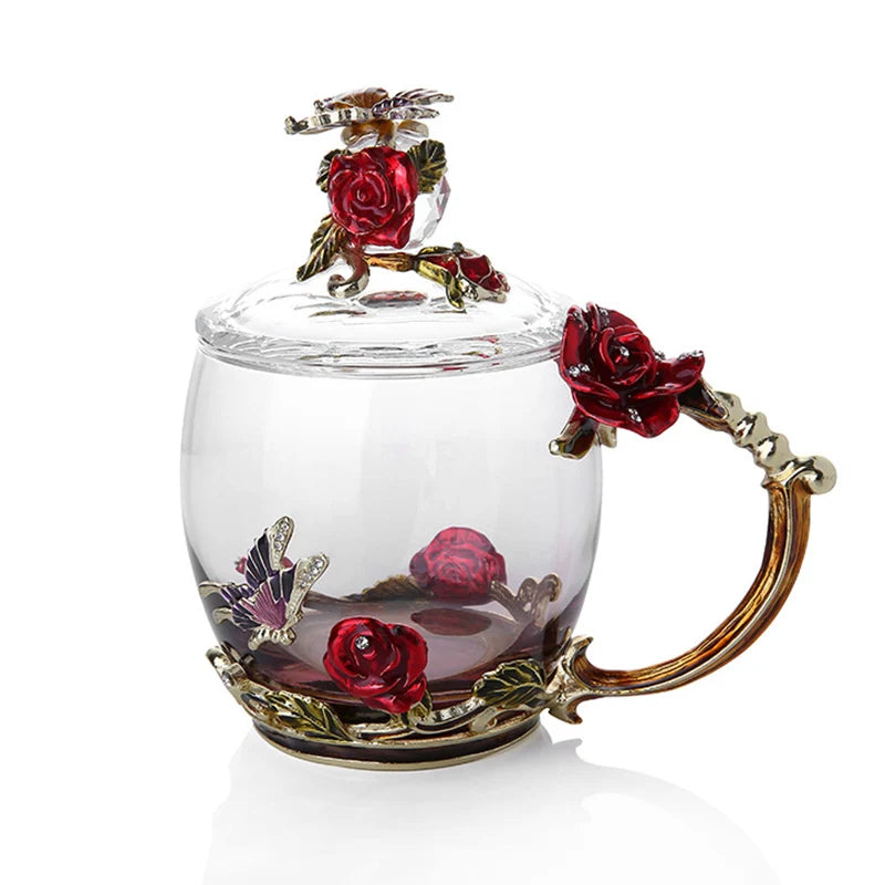Vivolux | Handgefertigte Emaille Kaffeetassen Rosen-Glas Teetasse mit Stahllöffel Luxus Einzigartige Geschenke für Hochzeit Valentinstag Geburtstagsgeschenke