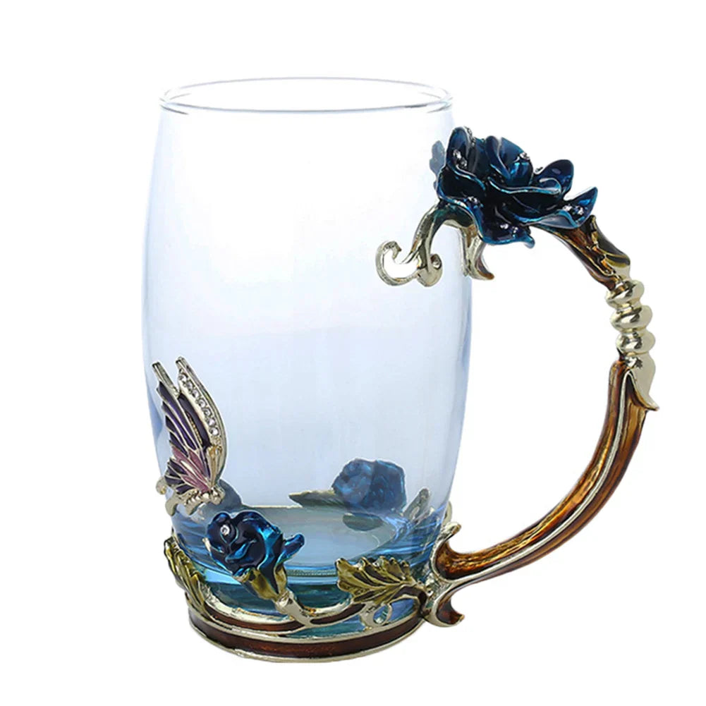 Vivolux | Handgefertigte Emaille Kaffeetassen Rosen-Glas Teetasse mit Stahllöffel Luxus Einzigartige Geschenke für Hochzeit Valentinstag Geburtstagsgeschenke