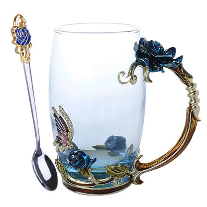 Vivolux | Handgefertigte Emaille Kaffeetassen Rosen-Glas Teetasse mit Stahllöffel Luxus Einzigartige Geschenke für Hochzeit Valentinstag Geburtstagsgeschenke
