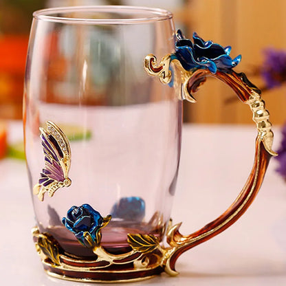 Vivolux | Handgefertigte Emaille Kaffeetassen Rosen-Glas Teetasse mit Stahllöffel Luxus Einzigartige Geschenke für Hochzeit Valentinstag Geburtstagsgeschenke