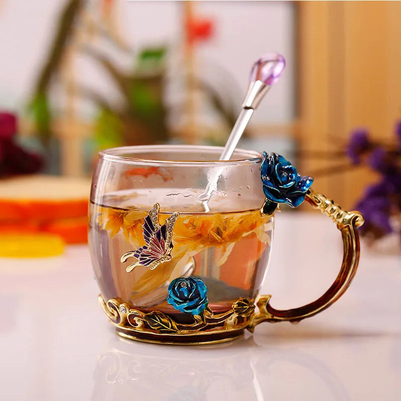 Vivolux | Handgefertigte Emaille Kaffeetassen Rosen-Glas Teetasse mit Stahllöffel Luxus Einzigartige Geschenke für Hochzeit Valentinstag Geburtstagsgeschenke