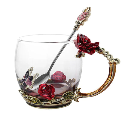 Vivolux | Handgefertigte Emaille Kaffeetassen Rosen-Glas Teetasse mit Stahllöffel Luxus Einzigartige Geschenke für Hochzeit Valentinstag Geburtstagsgeschenke