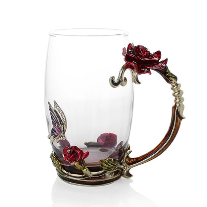 Vivolux | Handgefertigte Emaille Kaffeetassen Rosen-Glas Teetasse mit Stahllöffel Luxus Einzigartige Geschenke für Hochzeit Valentinstag Geburtstagsgeschenke