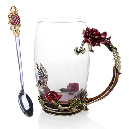 Vivolux | Handgefertigte Emaille Kaffeetassen Rosen-Glas Teetasse mit Stahllöffel Luxus Einzigartige Geschenke für Hochzeit Valentinstag Geburtstagsgeschenke
