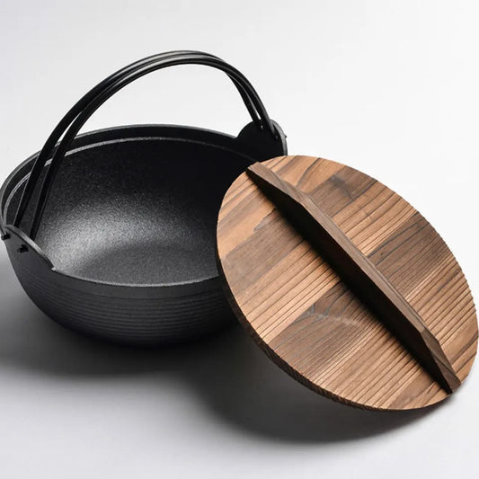 Vivolux | Vorgewürzter reiner Gusseisen-Wok mit flachem Boden und Holzdeckel