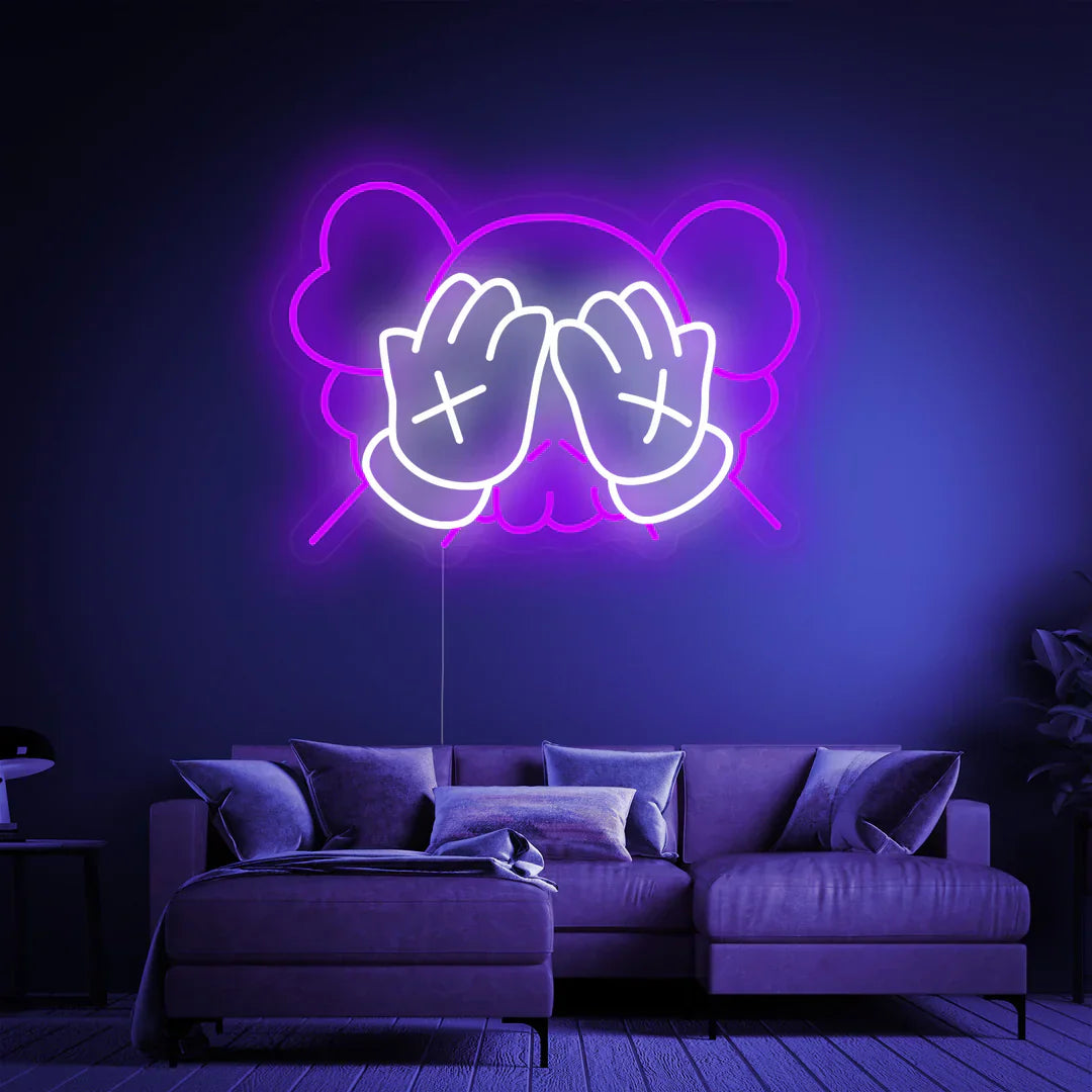 Vivolux | KAWS-inspirierte Cartoon-Hände Neon-Schild für moderne Kunsträume und Studios