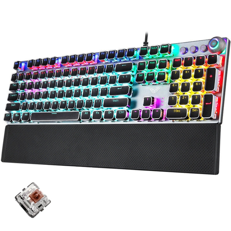 Vivolux | AULA F2088 108 Tasten Mixed Light Plating Punk Mechanisch Brauner Schalter Verkabelte USB Gaming-Tastatur mit Metallknopf (Silber)