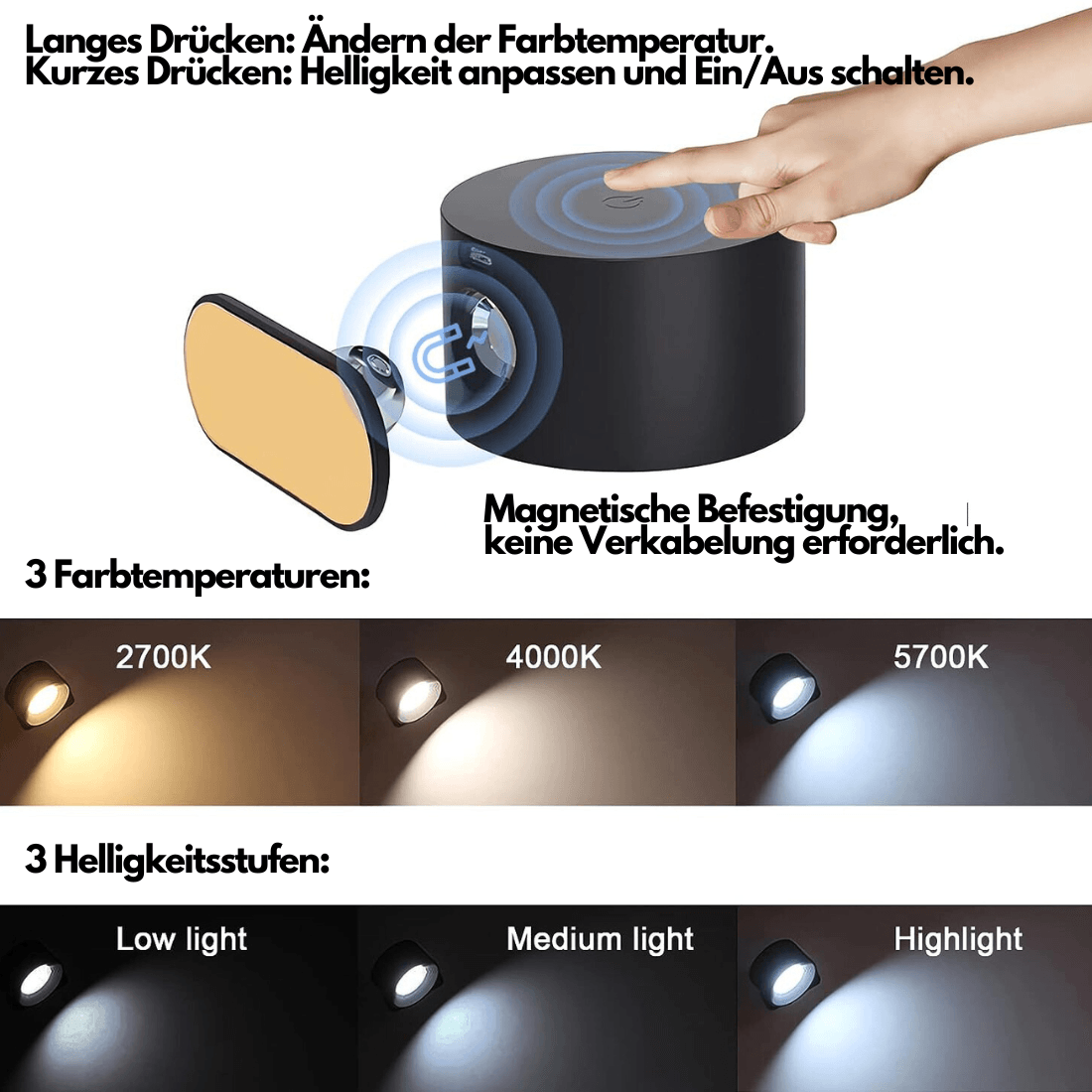 Vivolux | 360° kabelloses wiederaufladbares Wandlicht | Vielseitige LED-Beleuchtungslösung