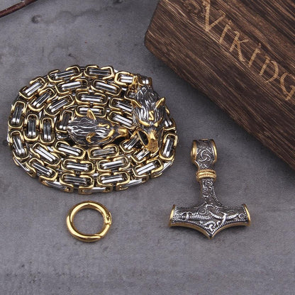 Vivolux | Edelstahl-Halskette mit doppeltem Wolfskopf und Mjolnir-Anhänger – Verstellbare Länge 60-90 cm