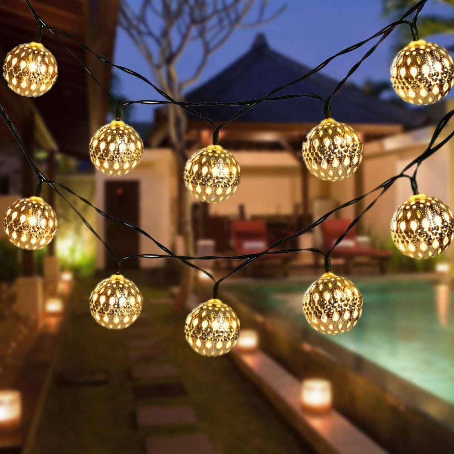 Vivolux | Solar-Lichterkette Marokkanische Kugel Bunte LED Weihnachtslichter Eisenkugeln Dekoration Außen Lichterkette