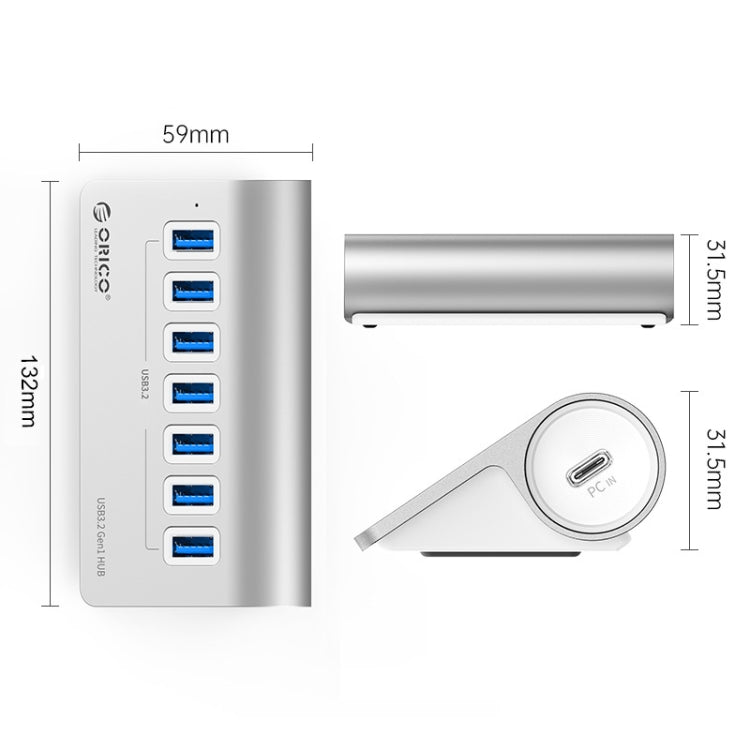 Vivolux | ORICO M3U7-G2 Aluminiumlegierung 7-Port USB 3.2 Gen2 10Gbps HUB mit 0,5 m Kabel (Silber)